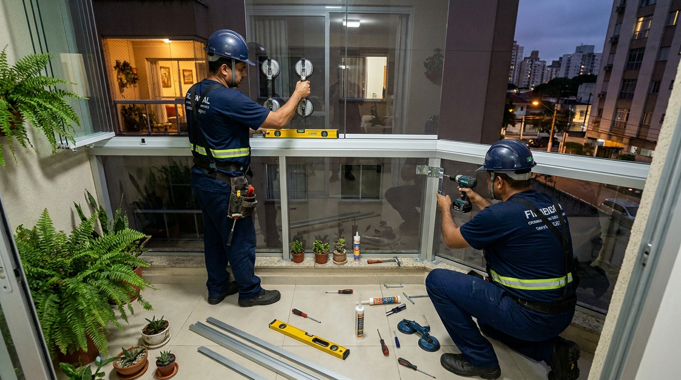 Instalação noturna de parede de vidro em Atibaia-SP